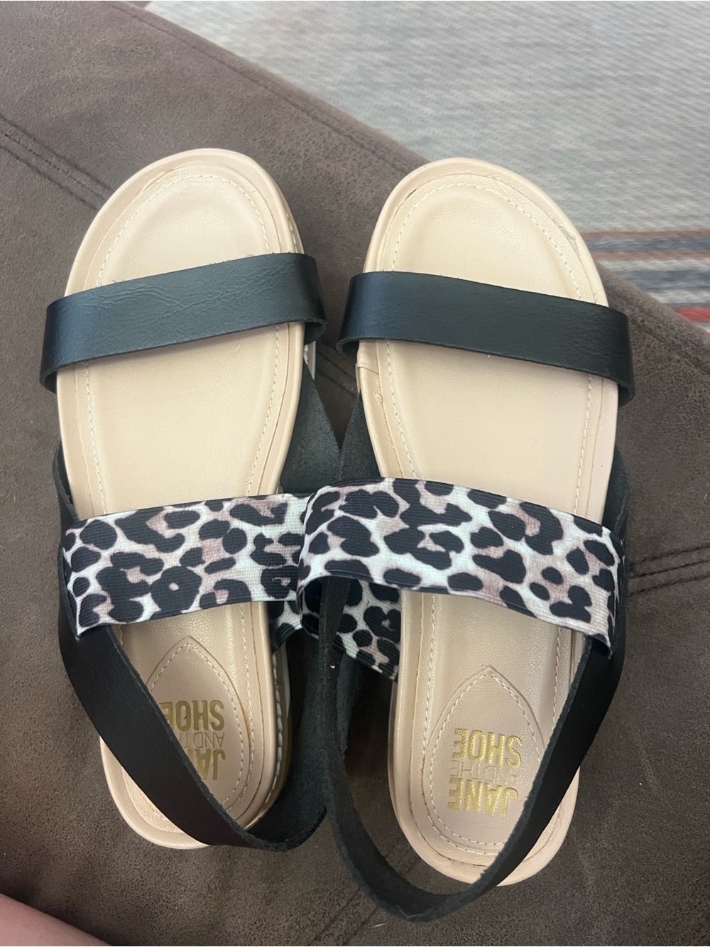 JANE AND THE SHOE Black and Leopard Print Slingback Sandals